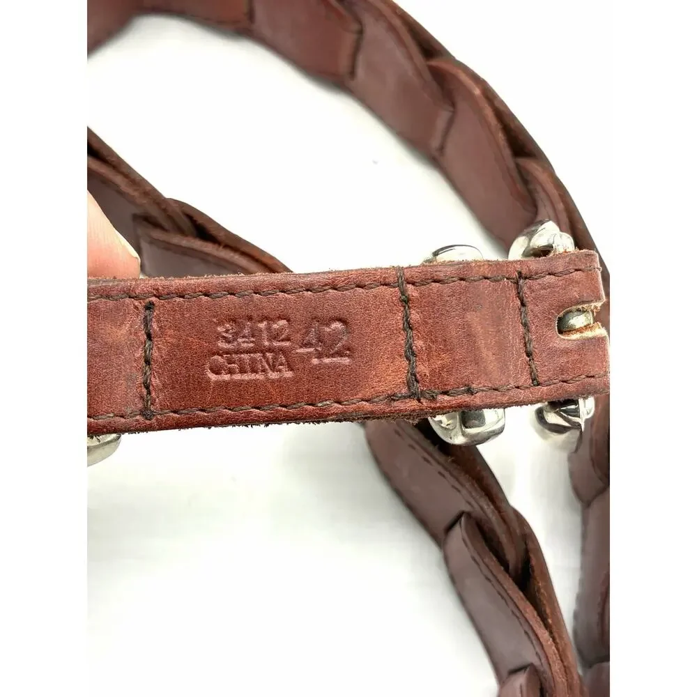 Brown Leather Link Belt Woven Interlocking Silver Buckle Size 42 Vintage Style